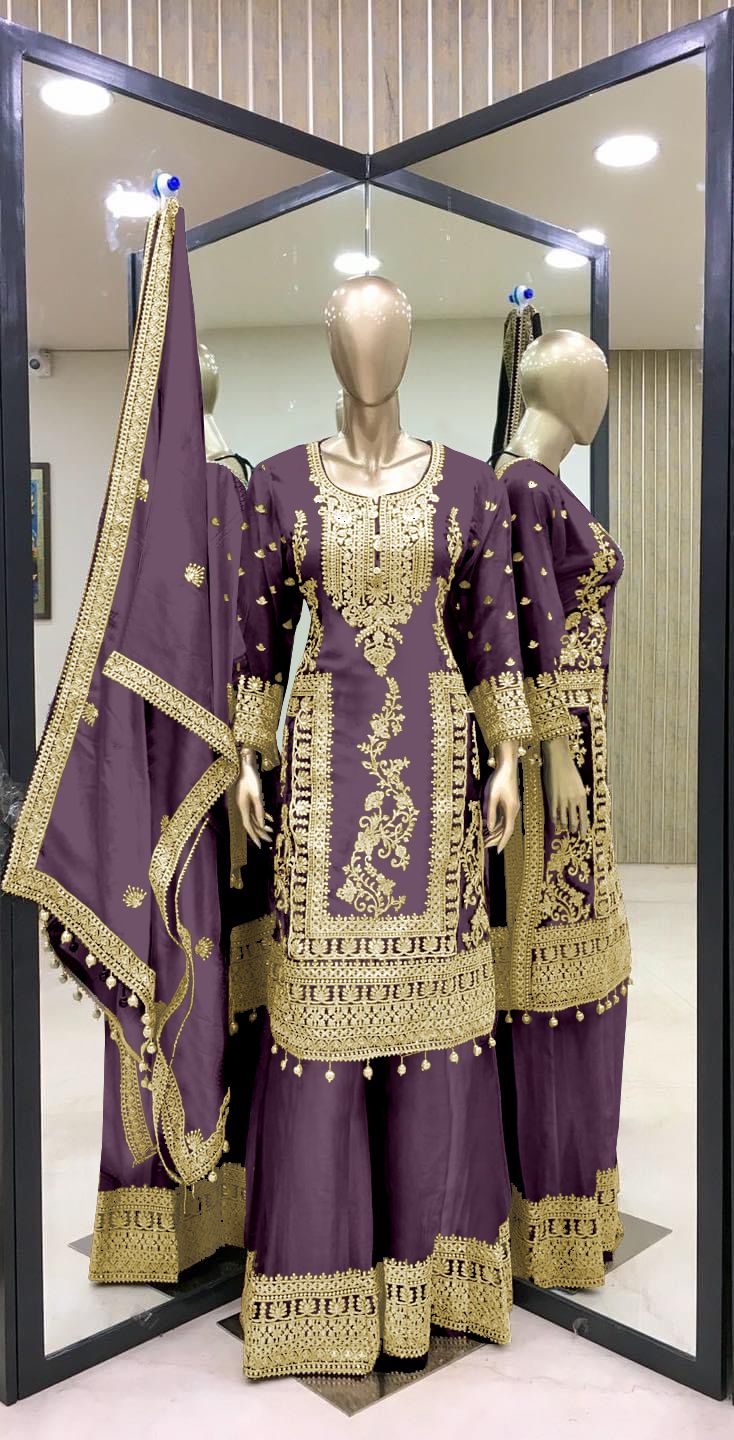 Attractive Embroidery Work Onion Color Sharara Suit