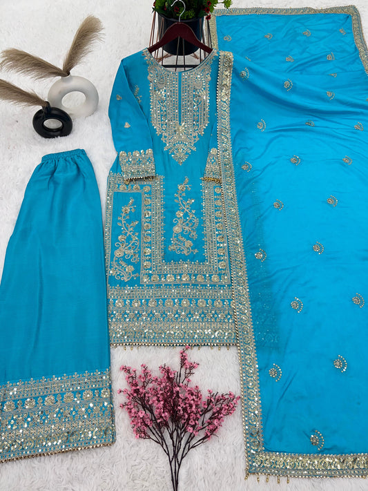 Attractive Embroidery Work Sky Blue Color Sharara Suit