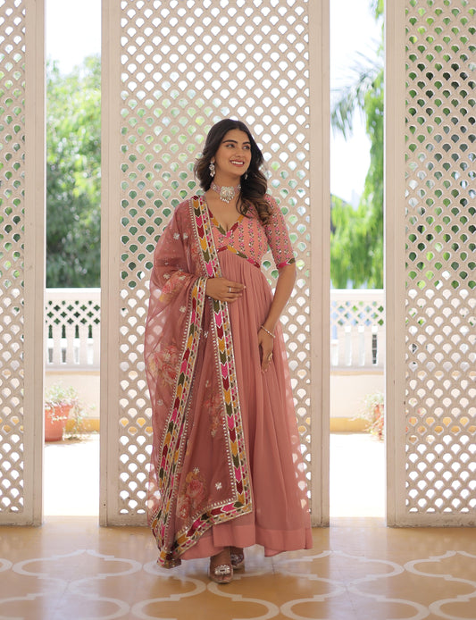 Mesmerizing Sequins Work Peach Color Gown