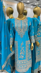 Attractive Embroidery Work Sky Blue Color Sharara Suit