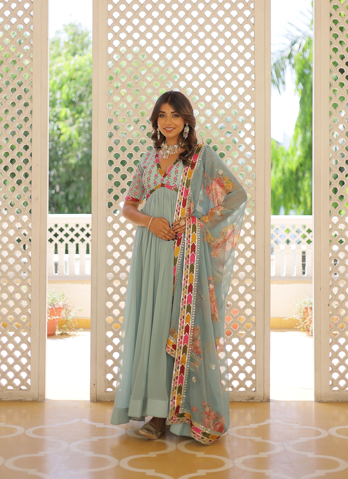 Mesmerizing Sequins Work Sky Color Gown