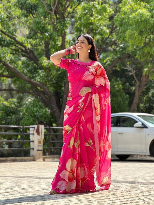 Shining Beautiful Floral Print Pink Color Saree