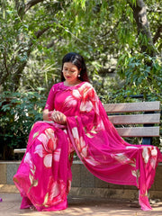 Shining Beautiful Floral Print Pink Color Saree