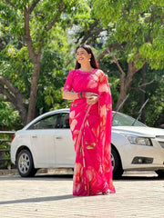 Shining Beautiful Floral Print Pink Color Saree