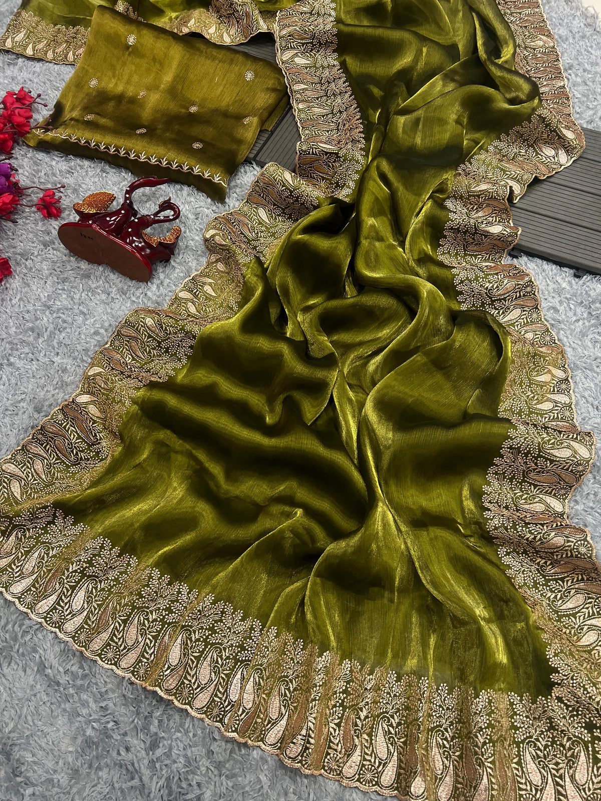 Golden Embroidery Work Border Mehndi Color Saree