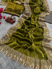 Golden Embroidery Work Border Mehndi Color Saree