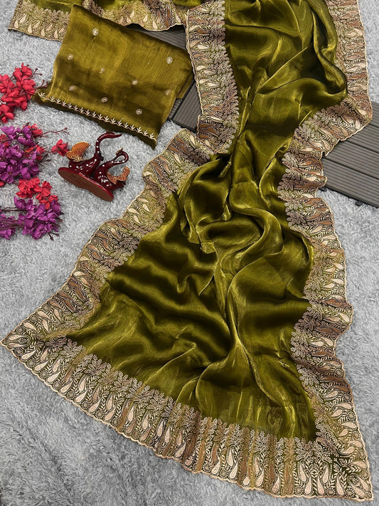 Golden Embroidery Work Border Mehndi Color Saree