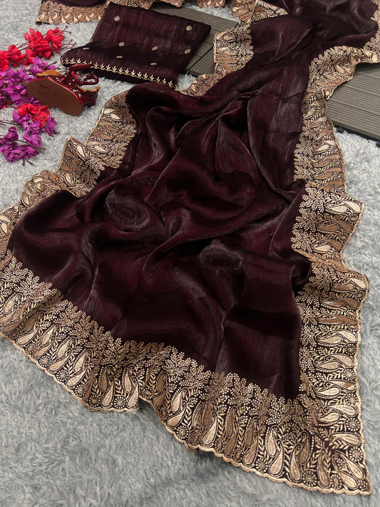 Golden Embroidery Work Border Maroon Color Saree