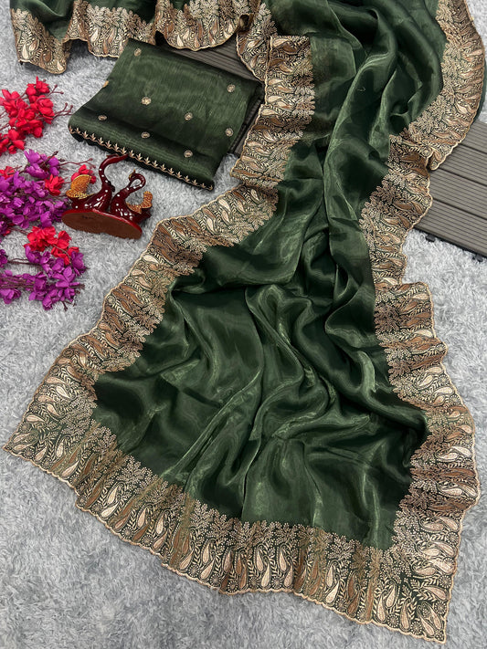 Golden Embroidery Work Border Green Color Saree