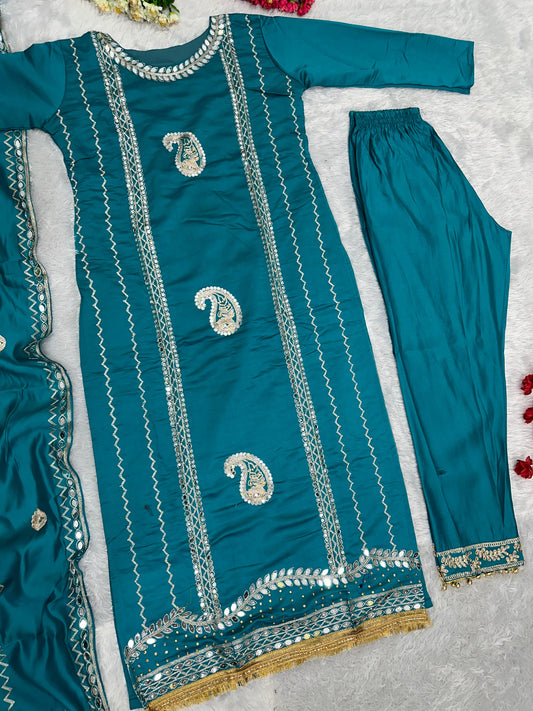 Beautiful Embroidery Work Rama Color Plazzo Suit