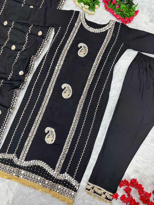 Beautiful Embroidery Work Black Color Plazzo Suit