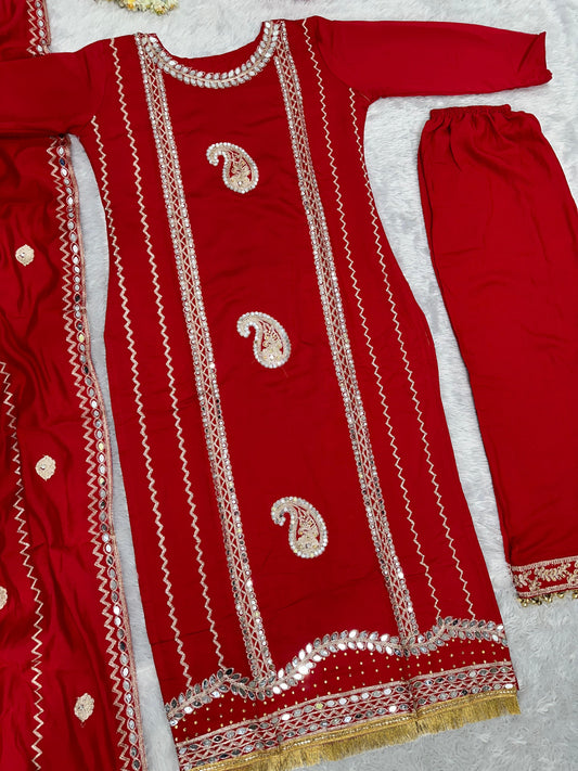 Beautiful Embroidery Work Red Color Plazzo Suit