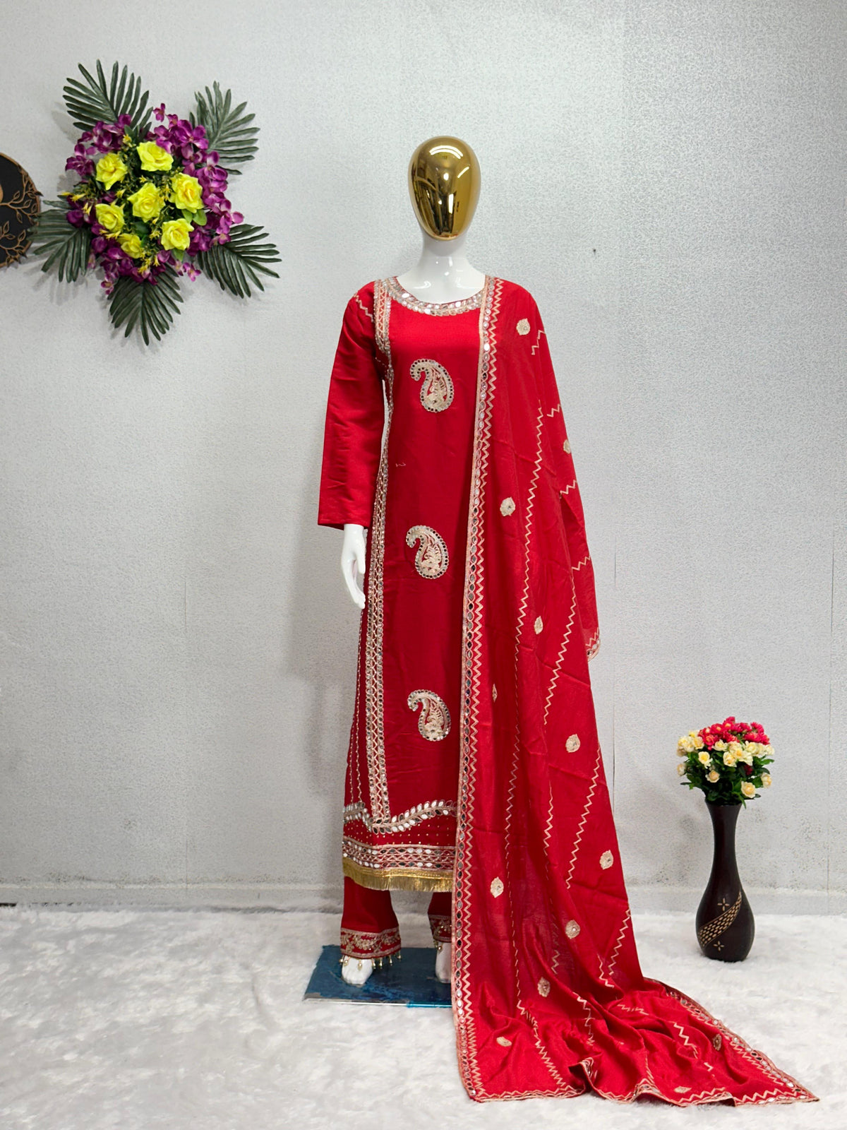 Beautiful Embroidery Work Red Color Plazzo Suit