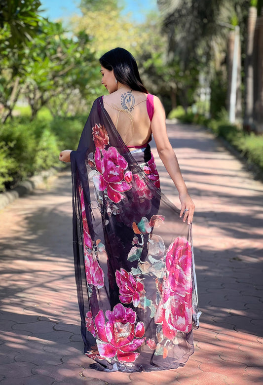 Shining Beautiful Floral Print Black Color Saree