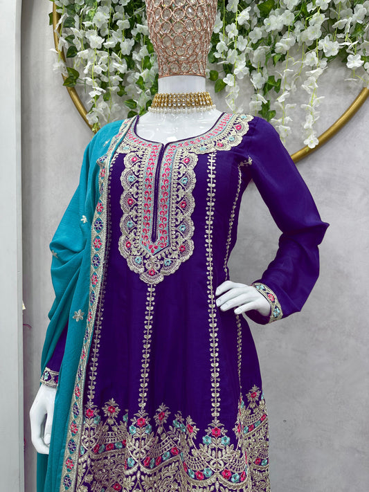 Heavy Purple With Sky Blue Palazzo Suit