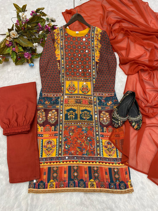 Attractive Red Color Multi Mirror Work Salwar Suit