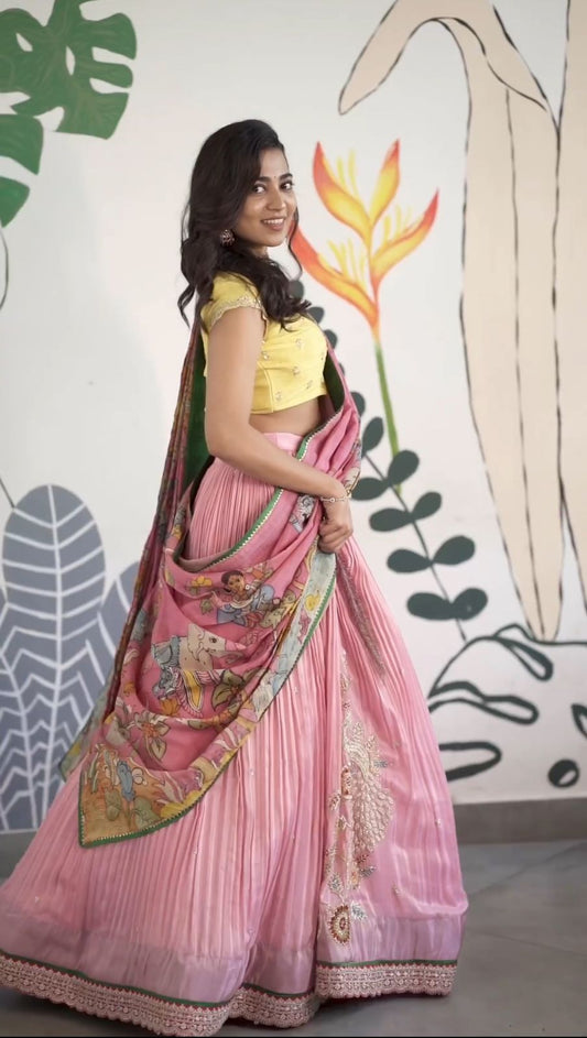 Gorgeous Pink With Yellow Crush Work Lehenga Choli