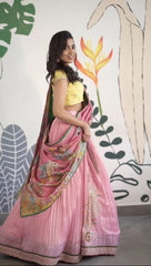 Gorgeous Pink With Yellow Crush Work Lehenga Choli