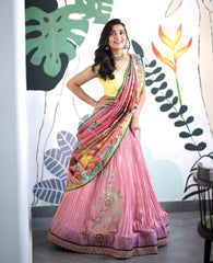 Gorgeous Pink With Yellow Crush Work Lehenga Choli