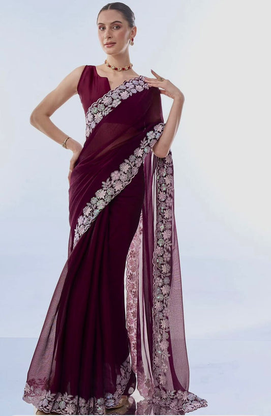 Luxuriant Thread Work Border Wine Color Saree