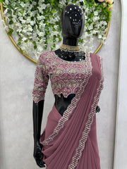 Ready To Wear Dusty Pink Saree With Sequence Work Blouse