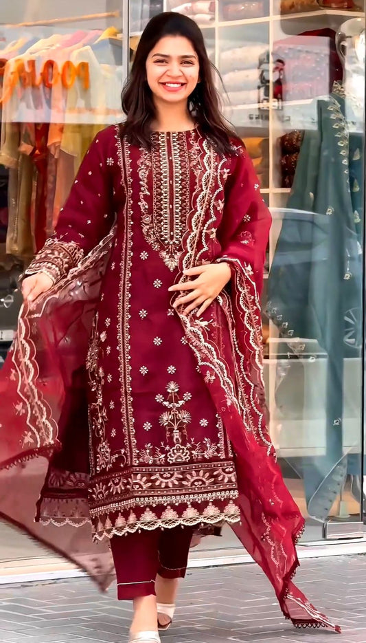 Outstanding Embroidery Work Red Color Anarkali Suit