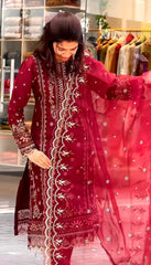 Outstanding Embroidery Work Red Color Anarkali Suit