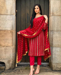 Outstanding Embroidery Work Red Color Salwar Suit