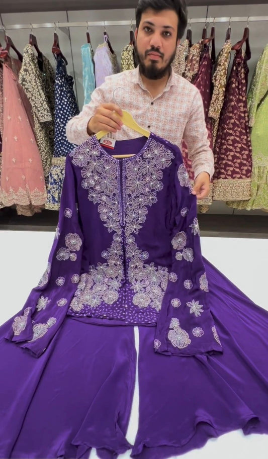 Beautiful Thread With Peral Work Purple Sharara Suit.