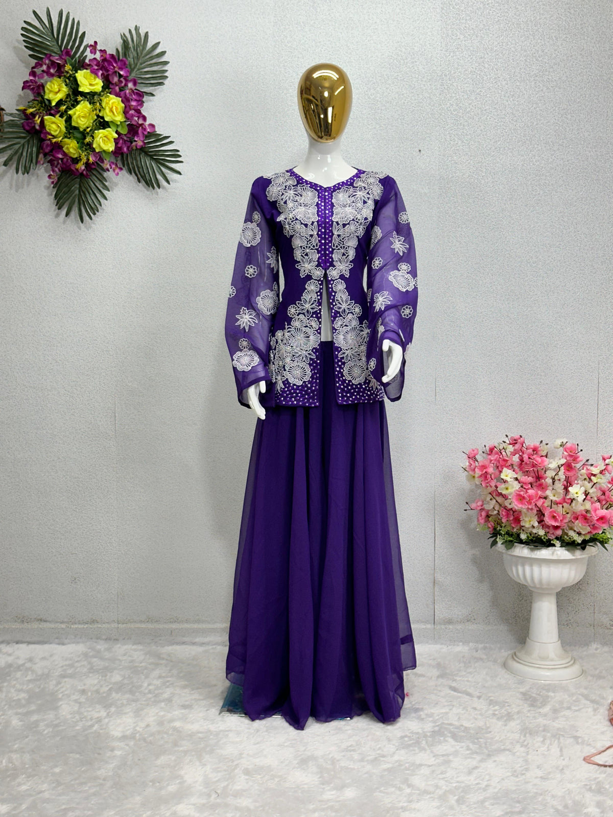 Beautiful Thread With Peral Work Purple Sharara Suit.