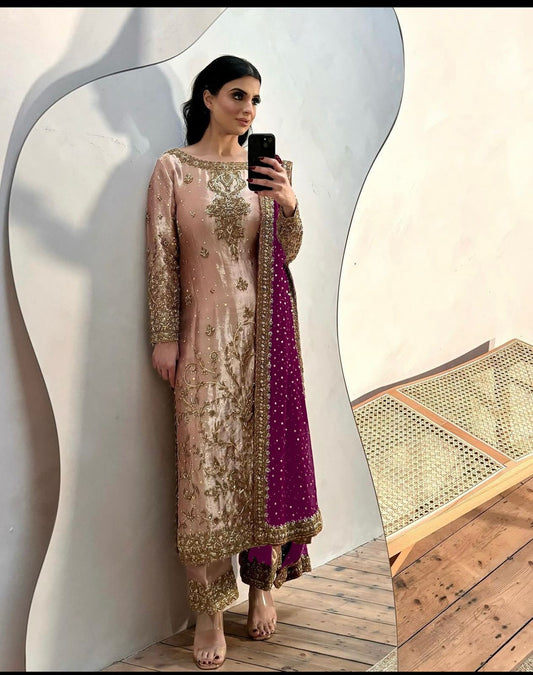 Peach Salwar Suit With Purple Dupatta All Over Work