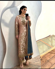 Peach Salwar Suit With Blue Dupatta All Over Work