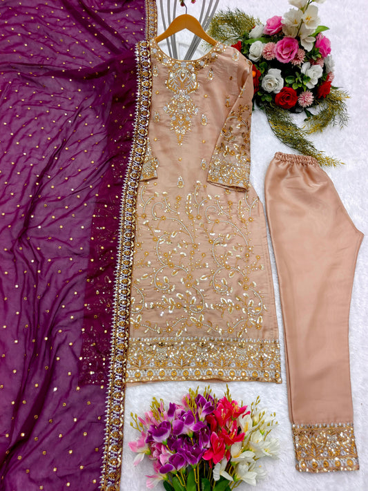 Peach Salwar Suit With Purple Dupatta All Over Work