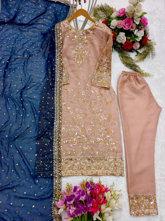 Peach Salwar Suit With Blue Dupatta All Over Work