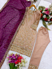 Peach Salwar Suit With Purple Dupatta All Over Work