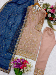 Peach Salwar Suit With Blue Dupatta All Over Work