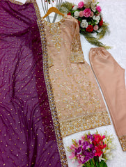 Peach Salwar Suit With Purple Dupatta All Over Work