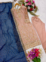 Peach Salwar Suit With Blue Dupatta All Over Work