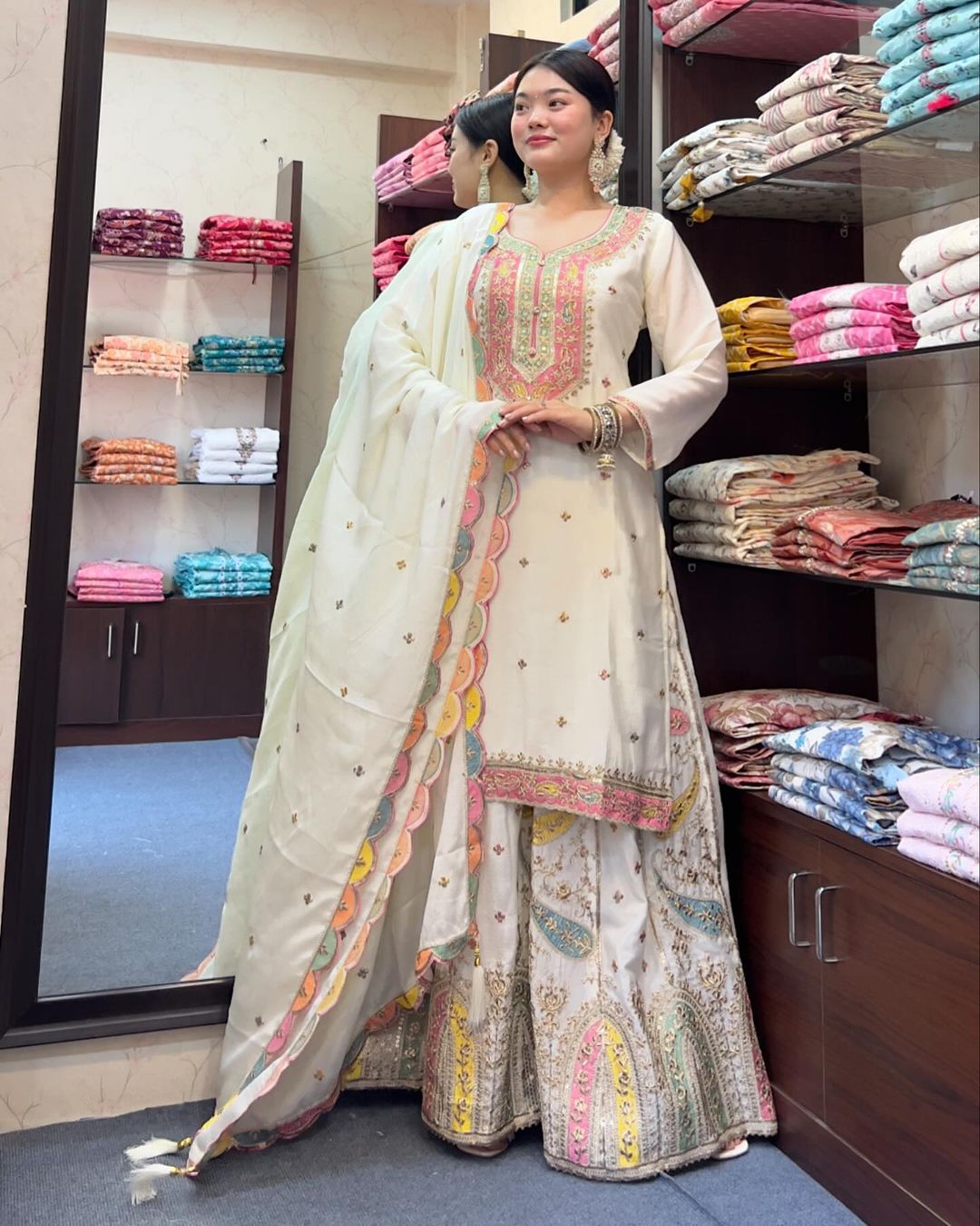 Marvelous Embroidery Sequence Work White Color Sharara Suit