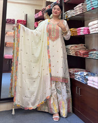 Marvelous Embroidery Sequence Work White Color Sharara Suit