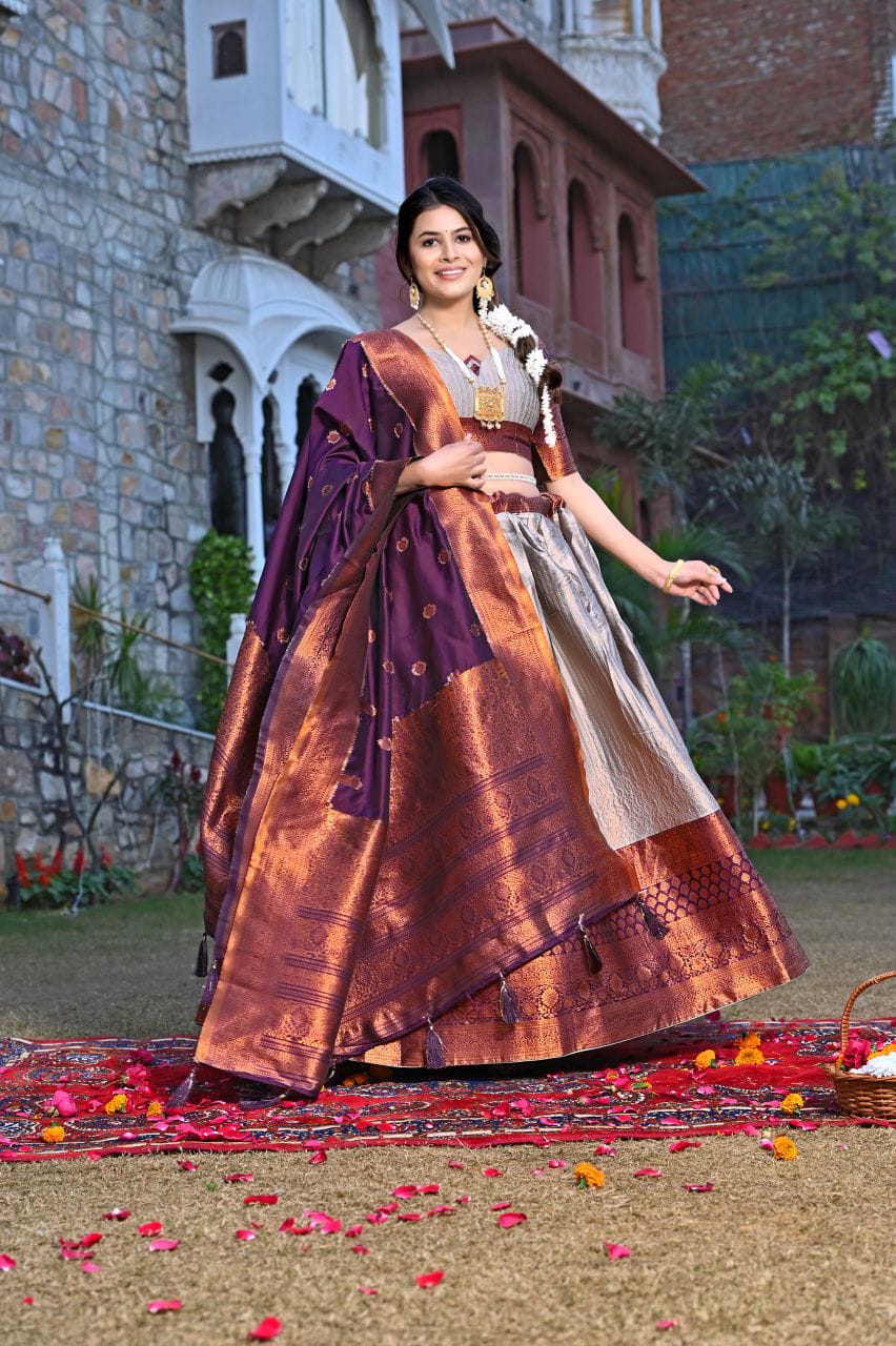 Glimmering Zari Weaving Work Maroon Color Lehenga Choli