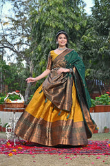 Glimmering Zari Weaving Work Yellow Color Lehenga Choli