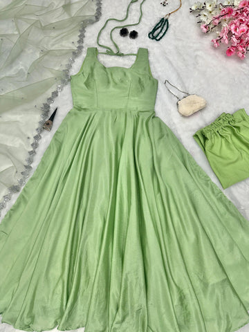 Embellished Embroidery Sequins Work Pista Color Gown