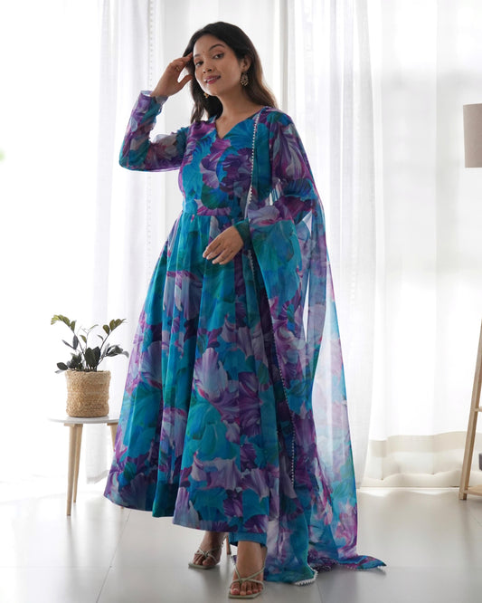 Mesmerizing Digital Print Blue Color Gown