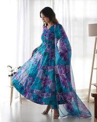 Mesmerizing Digital Print Blue Color Gown