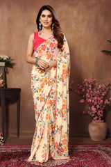 Beautiful Flower Digital Print Design Ready To Wear Saree