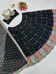 Opulent Thread With Sequence Work Black Color Lehenga Choli