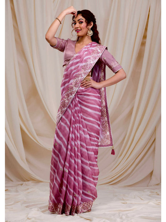 Outstanding Embroidery Work Pink Color Digital Print Saree