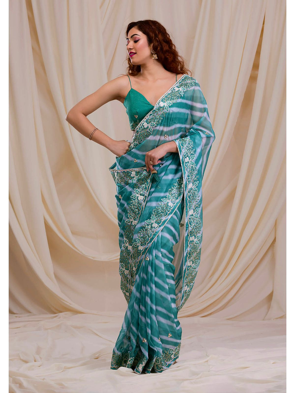 Outstanding Embroidery Work Rama Color Digital Print Saree