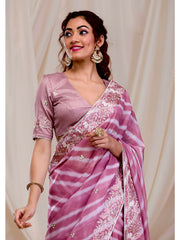 Outstanding Embroidery Work Pink Color Digital Print Saree